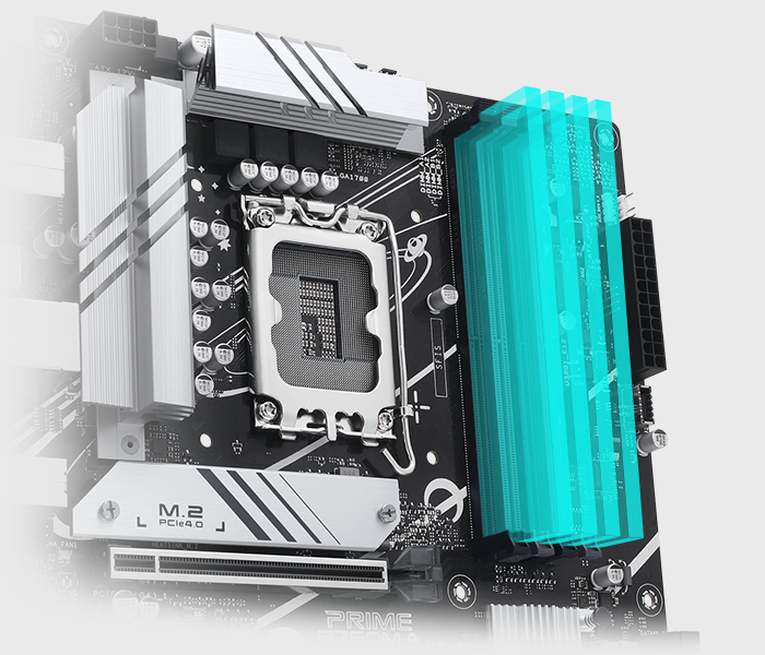 The PRIME B760M-A comes along with ASUS Enhanced Memory Profile II (AEMP II) to train your memory kit and optimize clock speed to unleash DDR5 performance. Bar chart intro AEMP II profiles that offer up to 37.5% faster RAM speeds than baseline DDR5 specs.